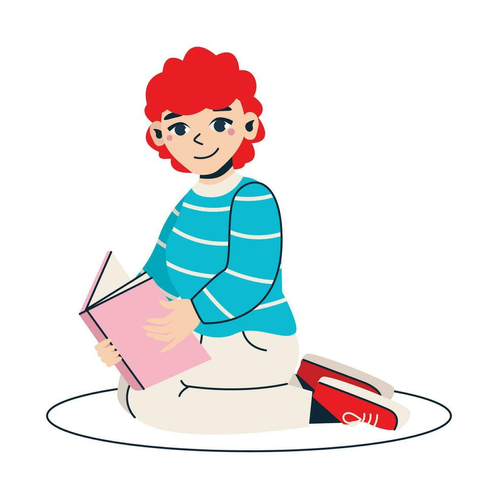 desenho animado menina lê livro. bonita com vermelho encaracolado cabelo. vetor gráfico.
