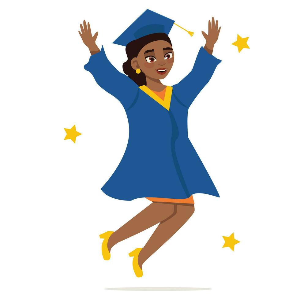 graduação dia. graduado Preto menina dentro uma vestir, dentro uma manto e uma quadrado acadêmico boné. pulando para alegria. vetor gráfico.
