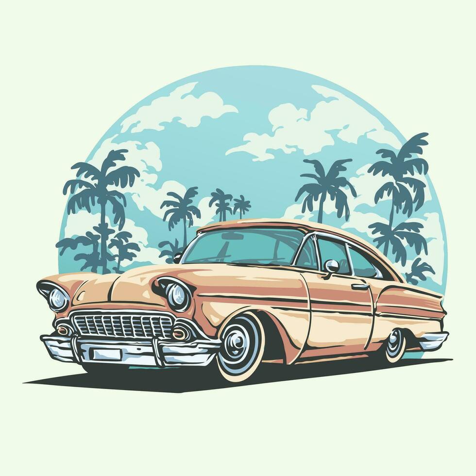 vintage clássico retro carro em a de praia com uma Claro céu ilustração vetor