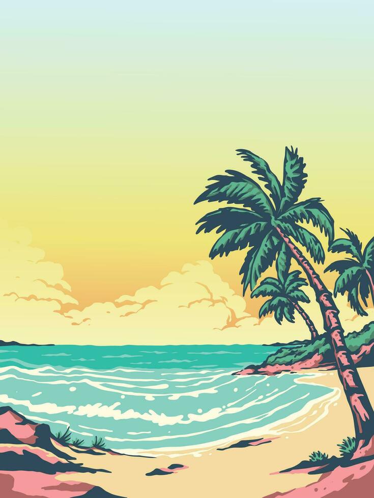 retro vintage de praia com coco árvore às pôr do sol fundo ilustração vetor