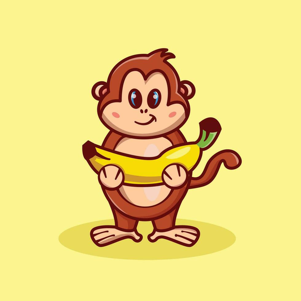 fofa macaco segurando banana ícone ilustração isolado dentro amarelo fundo. animal ícone conceito isolado. plano desenho animado estilo vetor