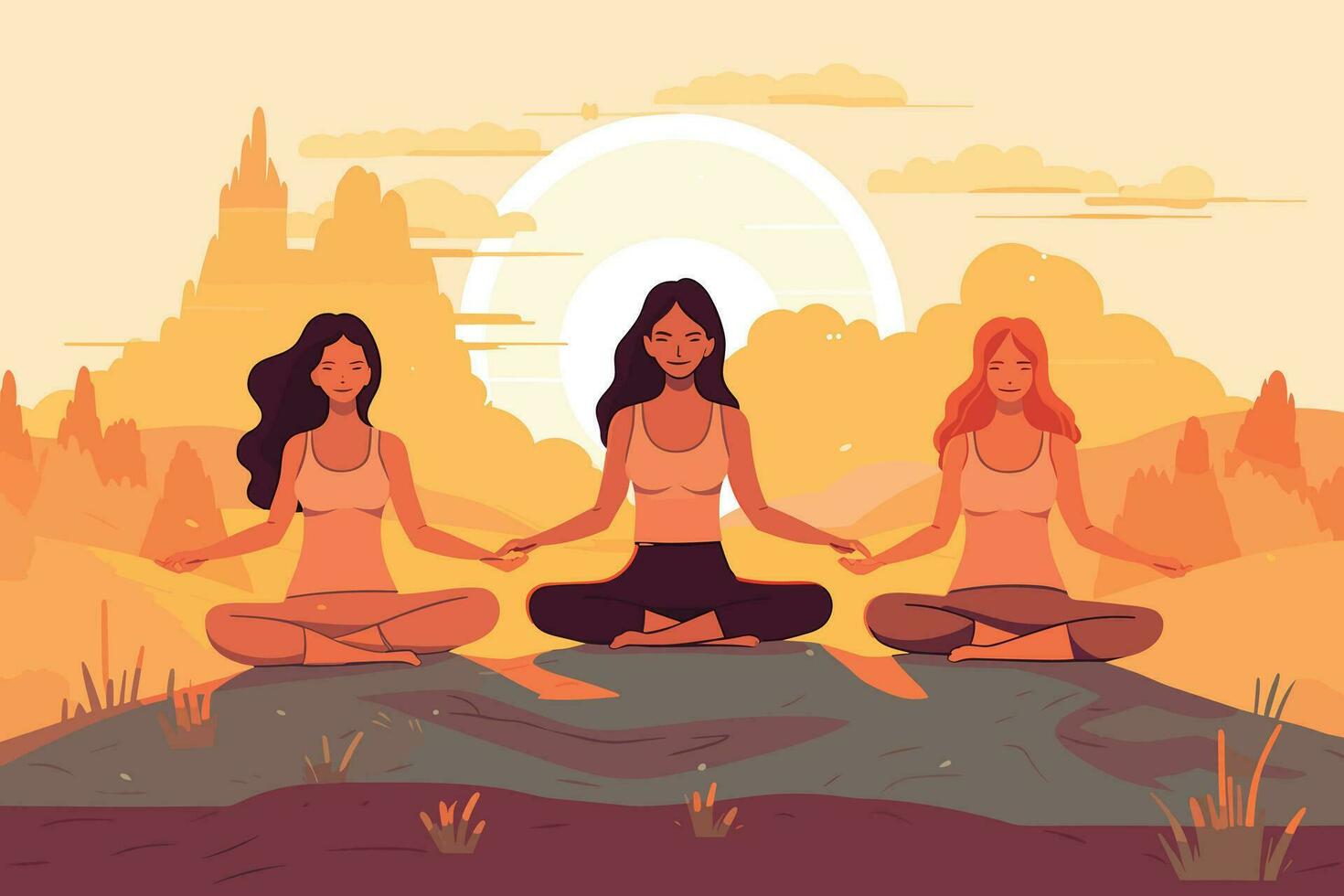 três meninas fazendo dentro uma nascer do sol ilustração, internacional ioga dia, ioga dia bandeira vetor