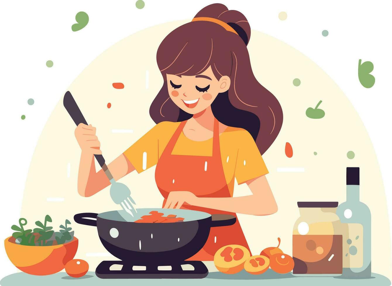 saudável comendo mulher cozinhando uma nutritivo refeição com fresco legumes dentro uma bem equipado cozinha vetor