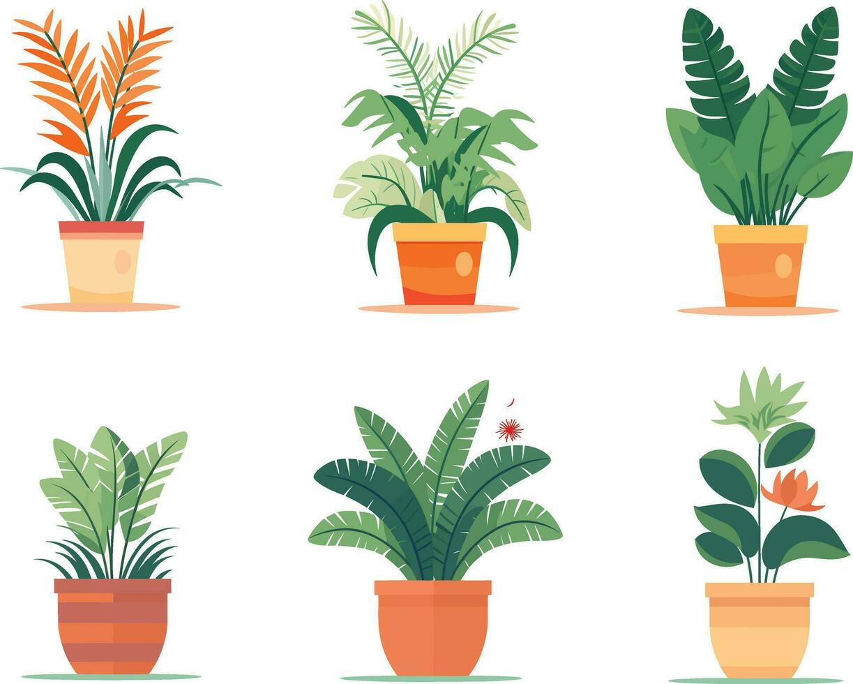 plantar panelas conjunto ilustração, vibrante botânico jardim com vários plantas, vegetais, e suculentos próspero dentro potes. vetor
