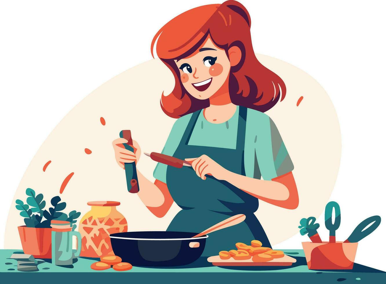 saudável comendo mulher cozinhando uma nutritivo refeição com fresco legumes dentro uma bem equipado cozinha vetor