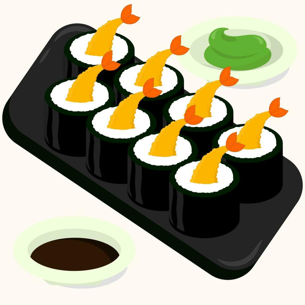 plano Projeto ilustração do Sushi lista com camarão tempura em uma Preto placa. perfeito usar para restaurante cardápio vetor