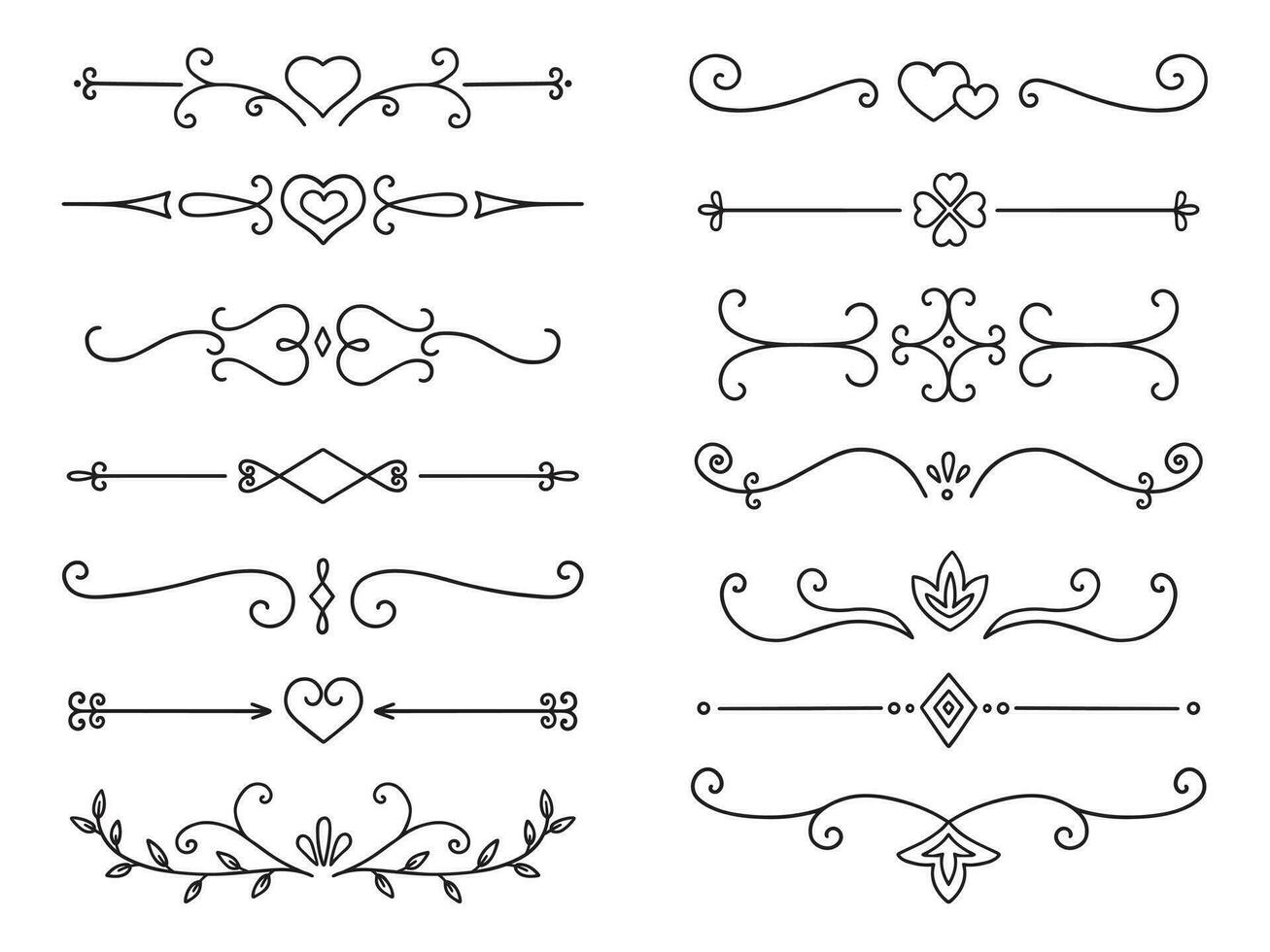 texto divisores rabisco definir. Casamento decorativo elementos com folhas, redemoinhos, corações divisor ornamento, fronteiras, linhas. mão desenhado vetor ilustração isolado em branco fundo