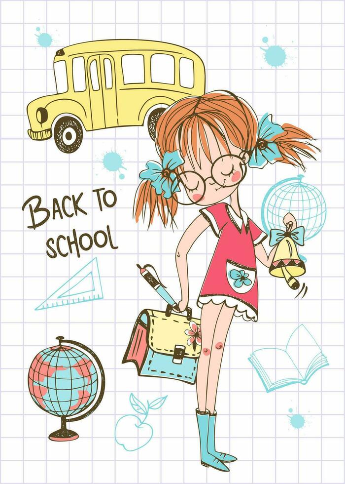uma fofa menina com uma pasta vai para escola. costas para escola. a escola ônibus. vetor