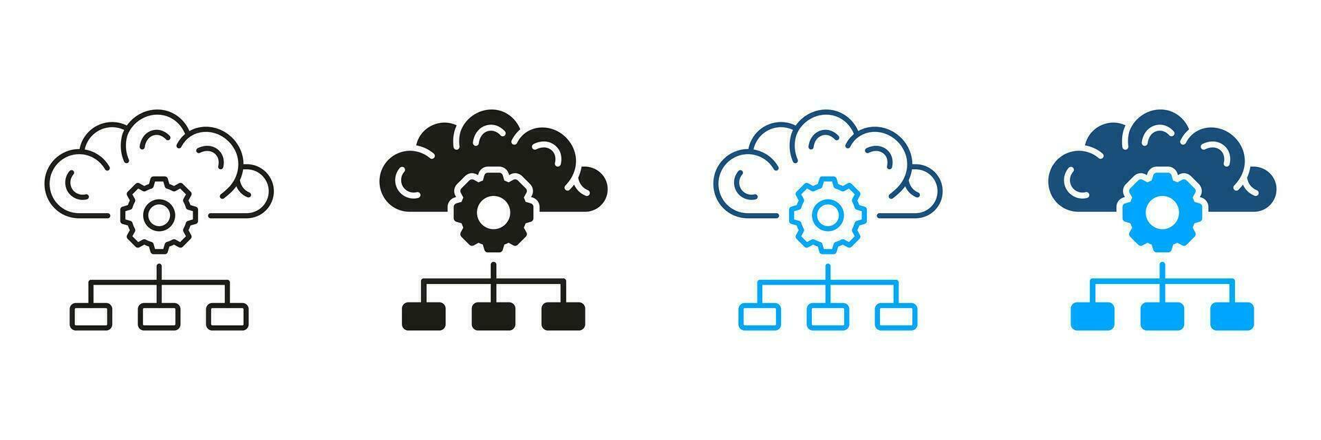 dados Ciência, artificial inteligência Preto e cor pictograma definir. humano cérebro digital nuvem conceito silhueta e linha ícones. ai inteligente tecnologia símbolo coleção. isolado vetor ilustração.