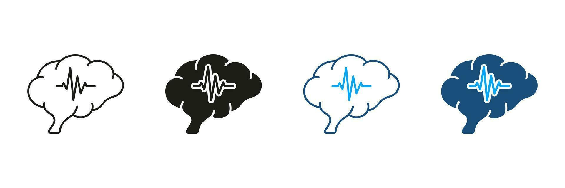 cérebro atividade diagnóstico Preto símbolo coleção em branco fundo. humano cérebro com onda silhueta e linha ícones definir. médico neurologia Ciência pictograma. isolado vetor ilustração.