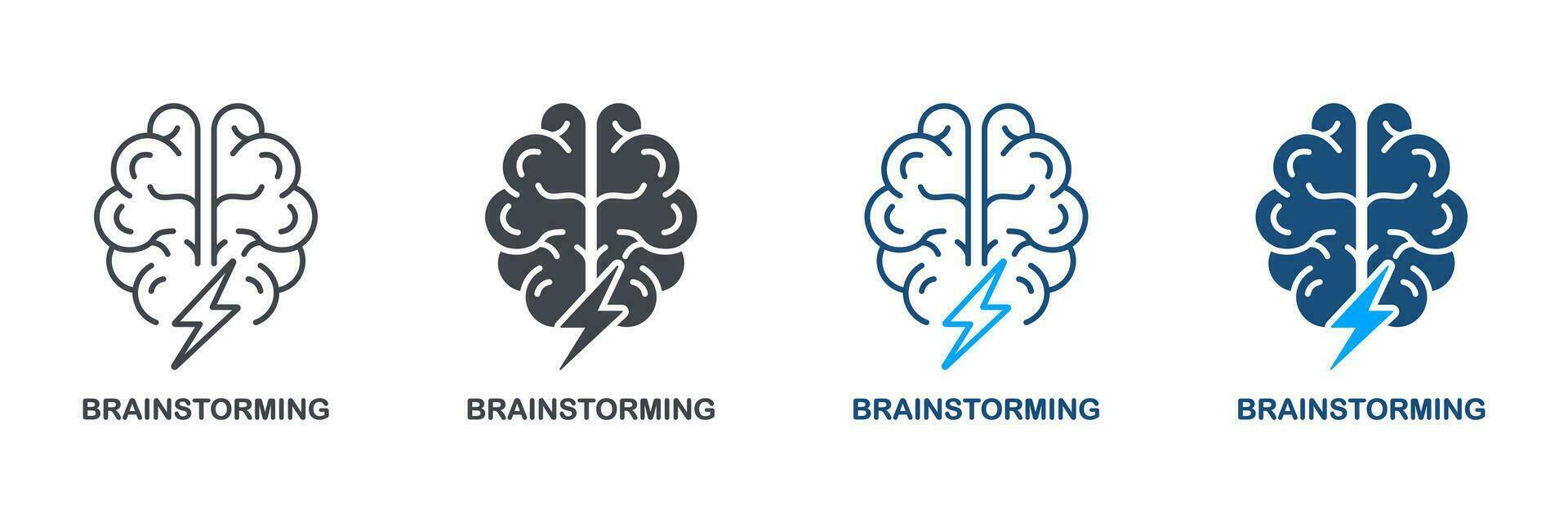 chuva de ideias silhueta e linha ícone definir. intelectual processo debate conceito pictograma. pensar sobre criativo idéia símbolo coleção. humano cérebro com raio. isolado vetor ilustração.