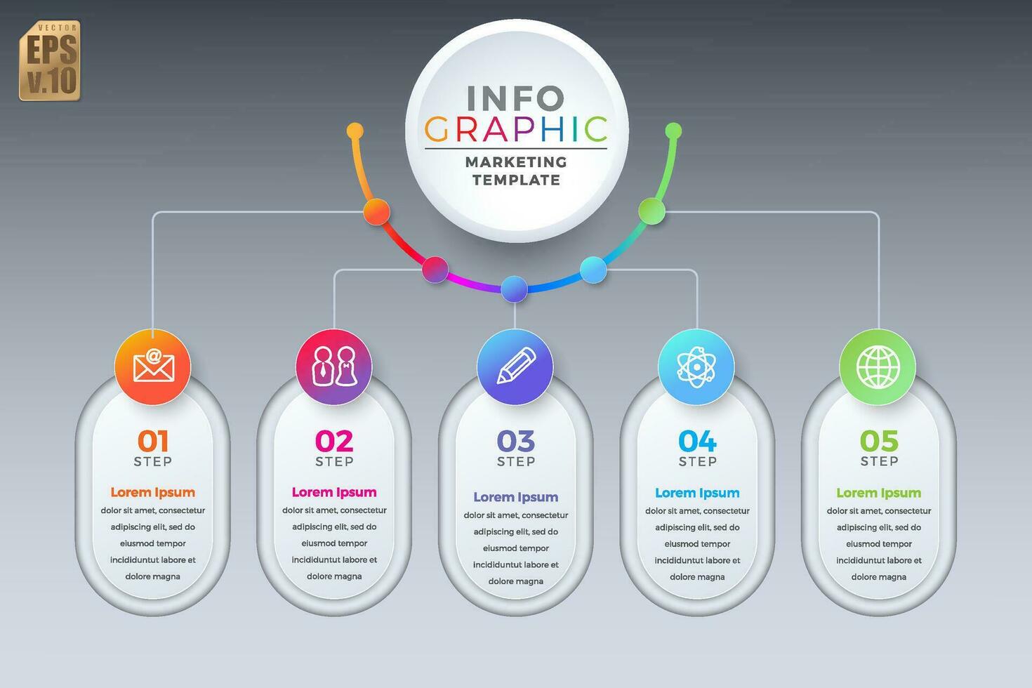 infográfico colorida marketing modelo vetor Projeto volta canto ícones 5 opções ou passos em cinzento fundo. você pode usava para marketing processo, fluxo de trabalho apresentações disposição, fluxo gráfico, impressão de Anúncios.