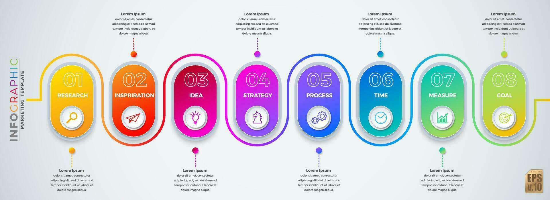 infográfico vetor o negócio volta canto colorido Projeto e círculo ícones 8 opções isolado dentro mínimo estilo. você pode usava para marketing processo, fluxo de trabalho apresentações disposição, fluxo gráfico, impressão de Anúncios.