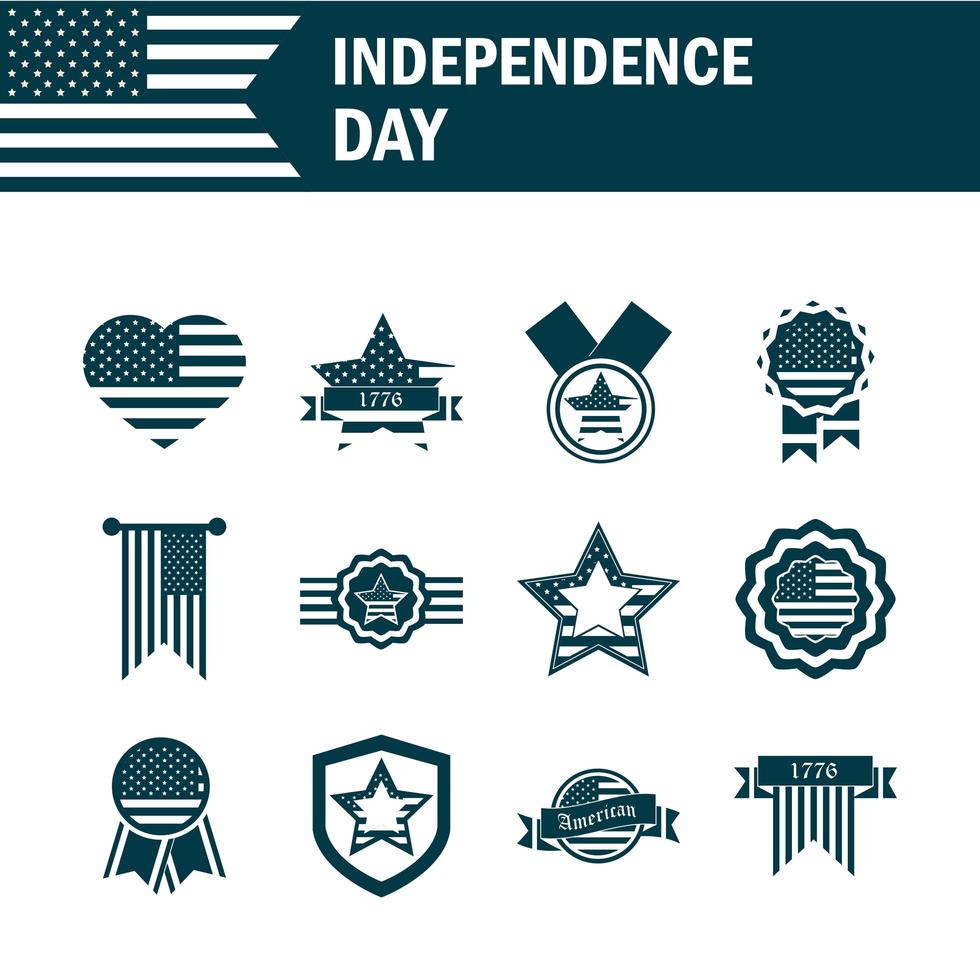 feliz dia da independência bandeira americana ícones patriotismo liberdade nacional definir estilo de silhueta vetor