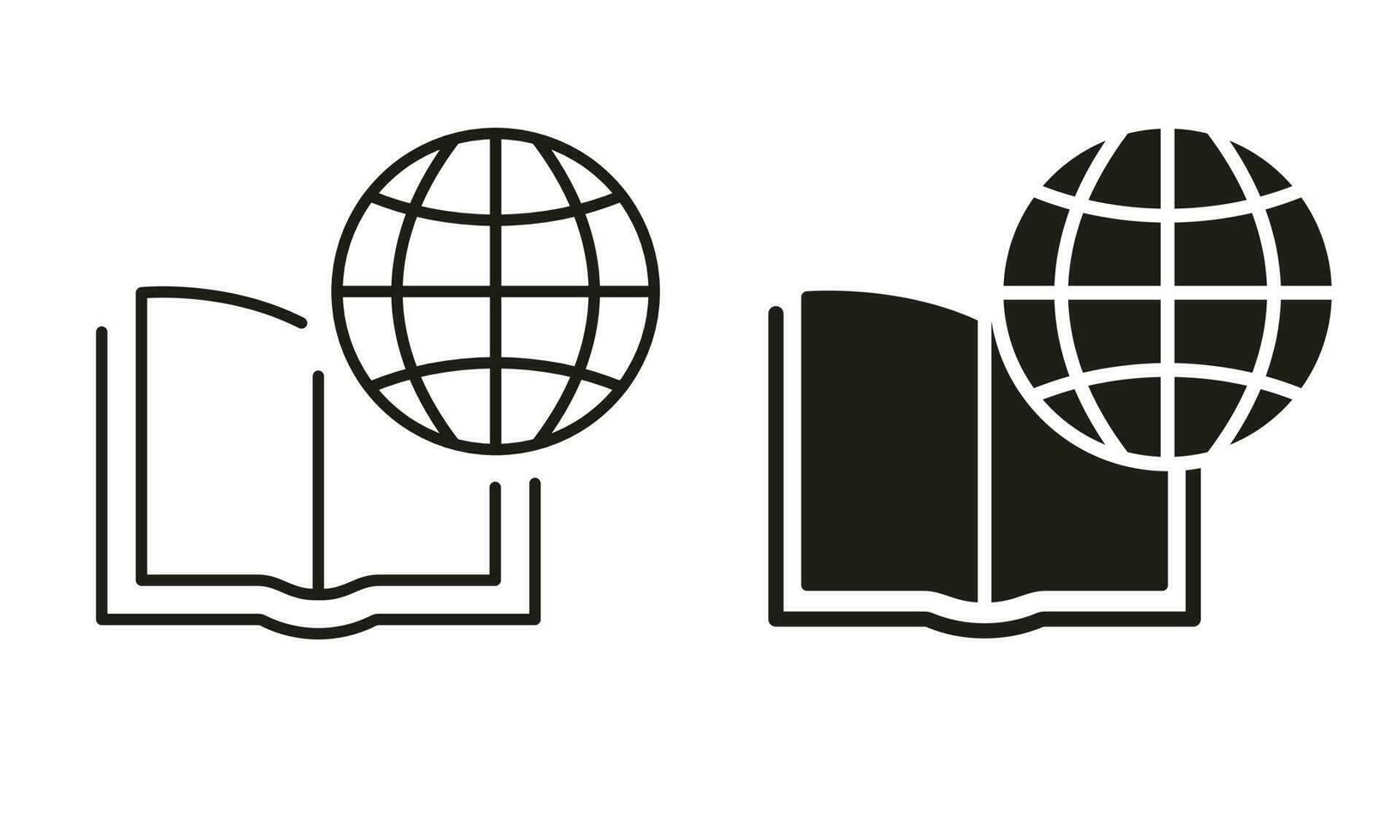 internacional Educação silhueta e linha ícone definir. global aprendizado, distância Educação, conectados cursos. Academia conectados biblioteca. aberto livro com globo Preto placa. isolado vetor ilustração.