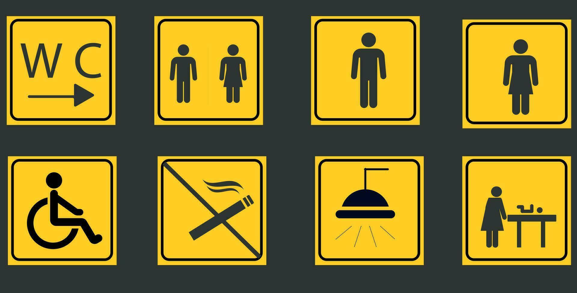 banheiro linha ícone conjunto em amarelo fundos. banheiro placa. homem, mulher, mãe com bebê e desvantagem símbolo. Sanitário para macho, fêmea, transgênero, desabilitado. vetor gráficos