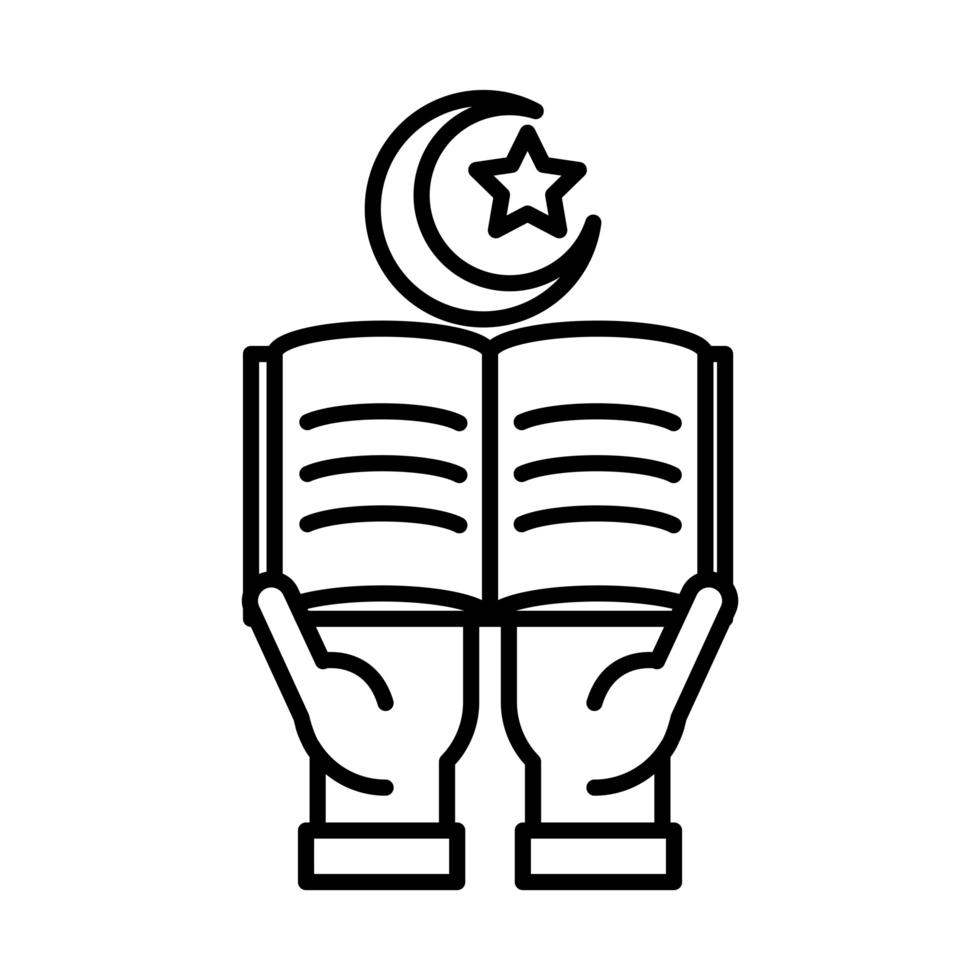 mãos com ícone de estilo de linha de celebração religiosa islâmica Corão eid Mubarak vetor