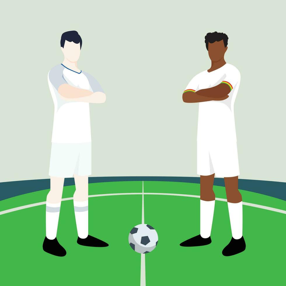 Combine pré-visualização exibindo dois masculino jogadores de futebol dentro uma futebol campo vetor ilustração. Inglaterra vs Gana.