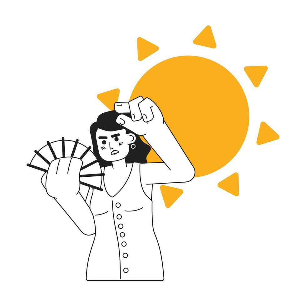 ensolarado verão exaustão monocromático conceito vetor local ilustração. europeu mulher resfriamento baixa com mão ventilador 2d plano bw desenho animado personagem para rede ui Projeto. isolado editável mão desenhado herói imagem