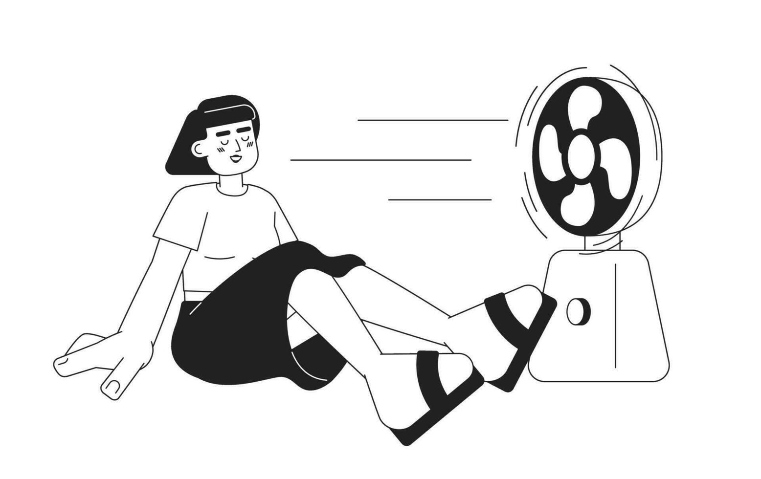 quente verão ventilador monocromático vetor local ilustração. ásia jovem mulher sentado dentro frente do ventilador 2d plano bw desenho animado personagem para rede ui Projeto. ventilador mulher isolado editável mão desenhado herói imagem