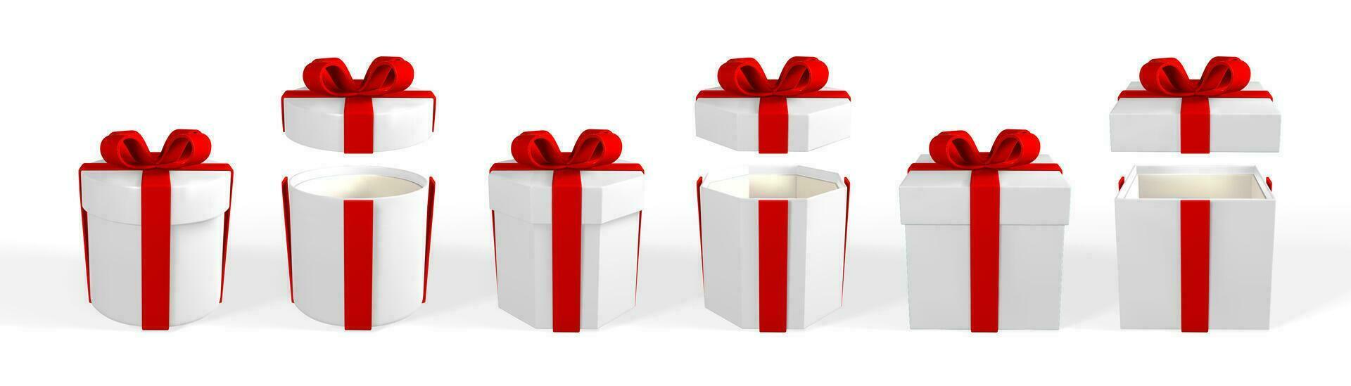 3d render realista presente caixa com vermelho arco. papel caixa com vermelho fita e sombra isolado em branco fundo. vetor ilustração