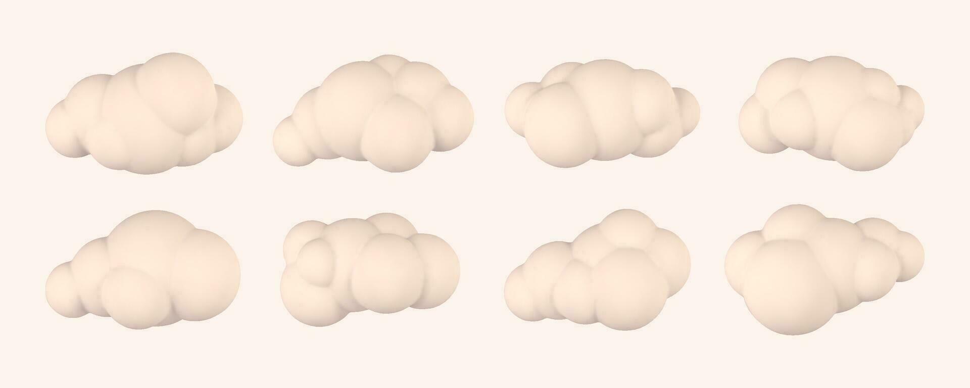 3d plástico nuvens. conjunto do volta desenho animado fofo nuvens isolado em uma luz fundo. vetor ilustração