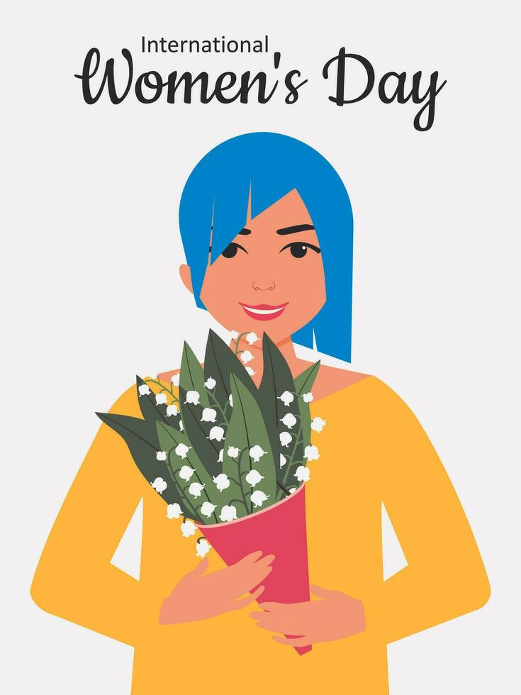 feliz mulheres dia marcha 8º. uma mulher com curto azul cabelo e uma amarelo suéter detém uma ramalhete do lírios do a vale dentro dela mãos. fofa vertical poster para a Primavera feriado. vetor. vetor