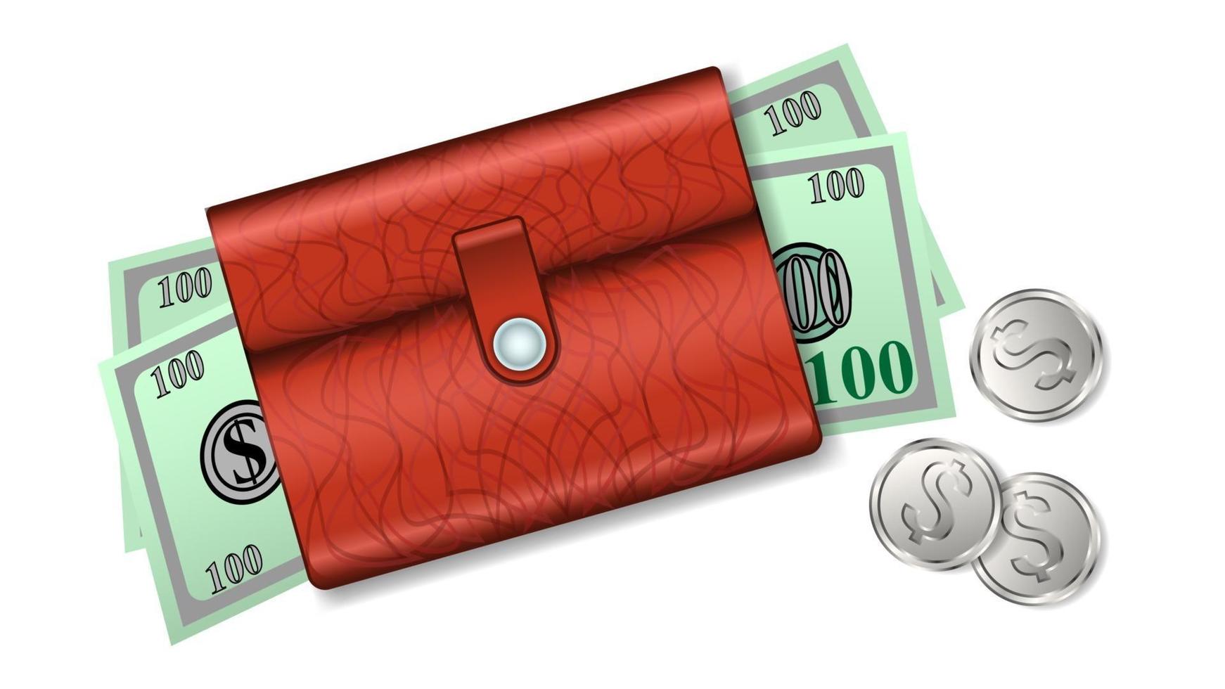 carteira de couro com notas de dólares e moedas isoladas vetor