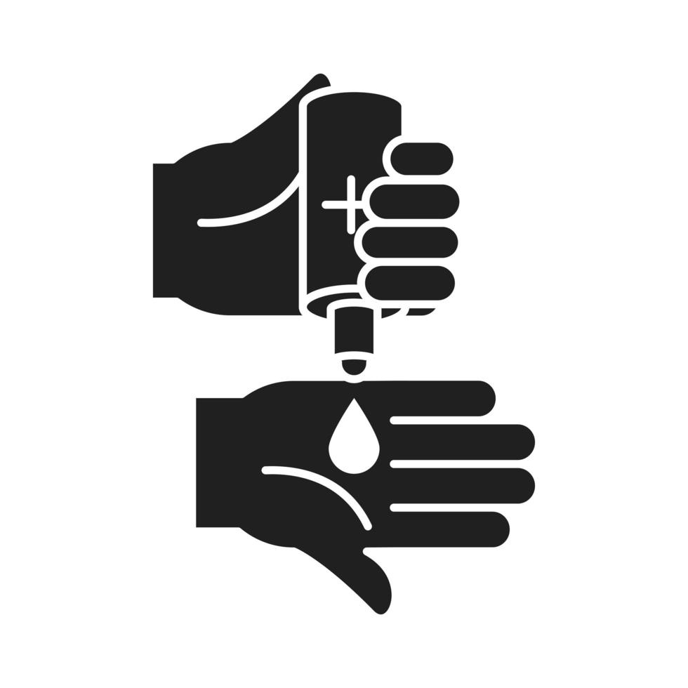 limpeza desinfecção aplique gel na higiene das mãos prevenção de coronavírus produtos higienizantes silhueta ícone de estilo vetor