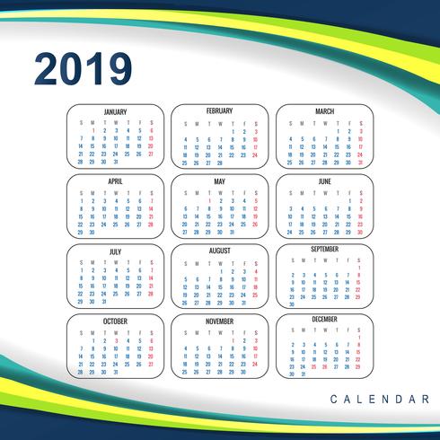 Resumo calendário colorido 2019 modelo onda design vetor