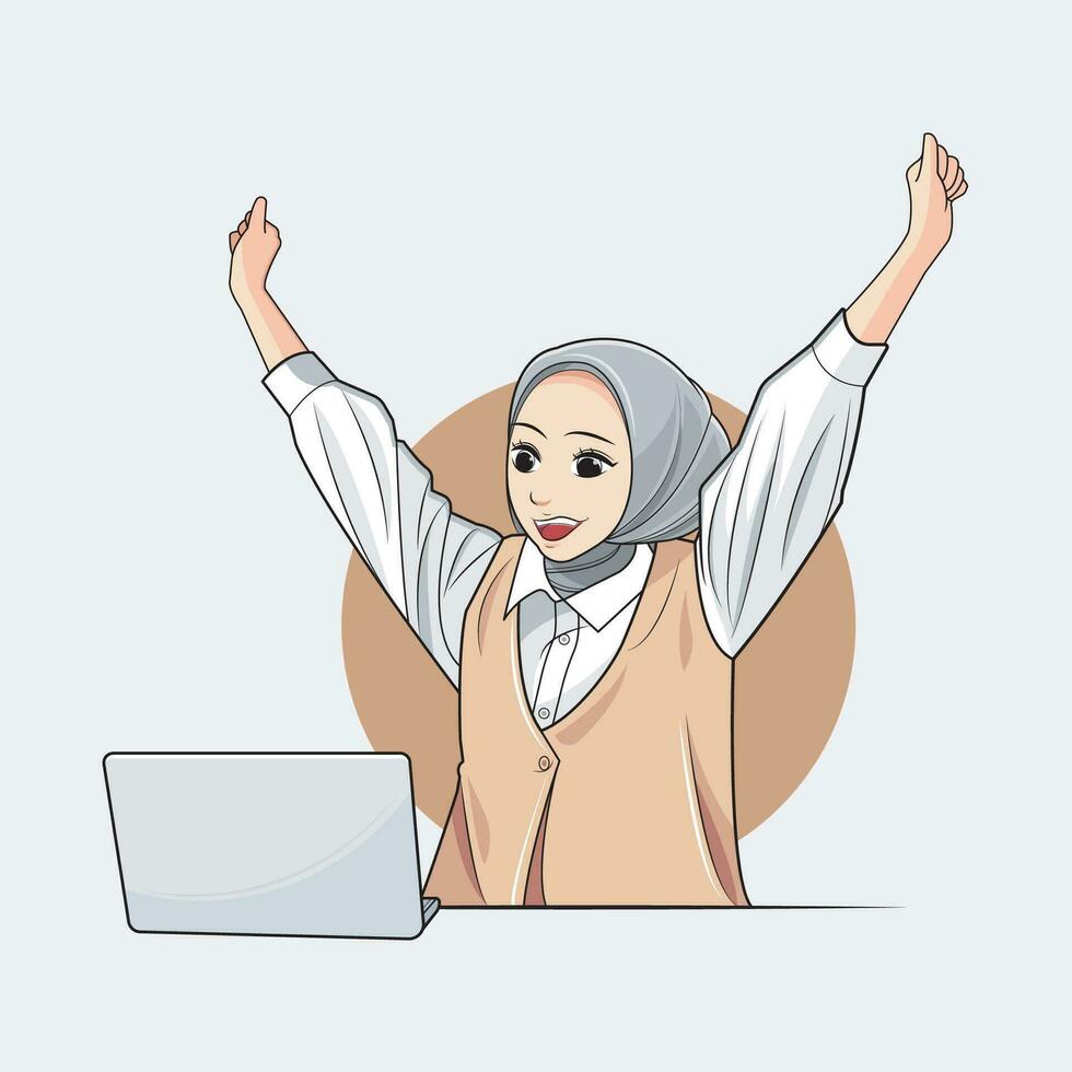 ásia mulher dentro hijab trabalhando em computador portátil. lindo jovem sorridente mulher dentro hijab regozija-se dentro vitória enquanto sentado às escrivaninha e trabalhando às computador portátil vetor ilustração pró baixar