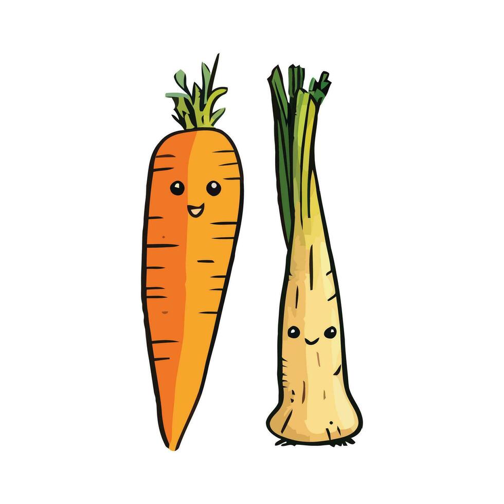 cenoura e alho-poró com olhos, desenho animado mão desenhado cenoura e alho-poró. crianças engraçado ilustração vegetal. vetor