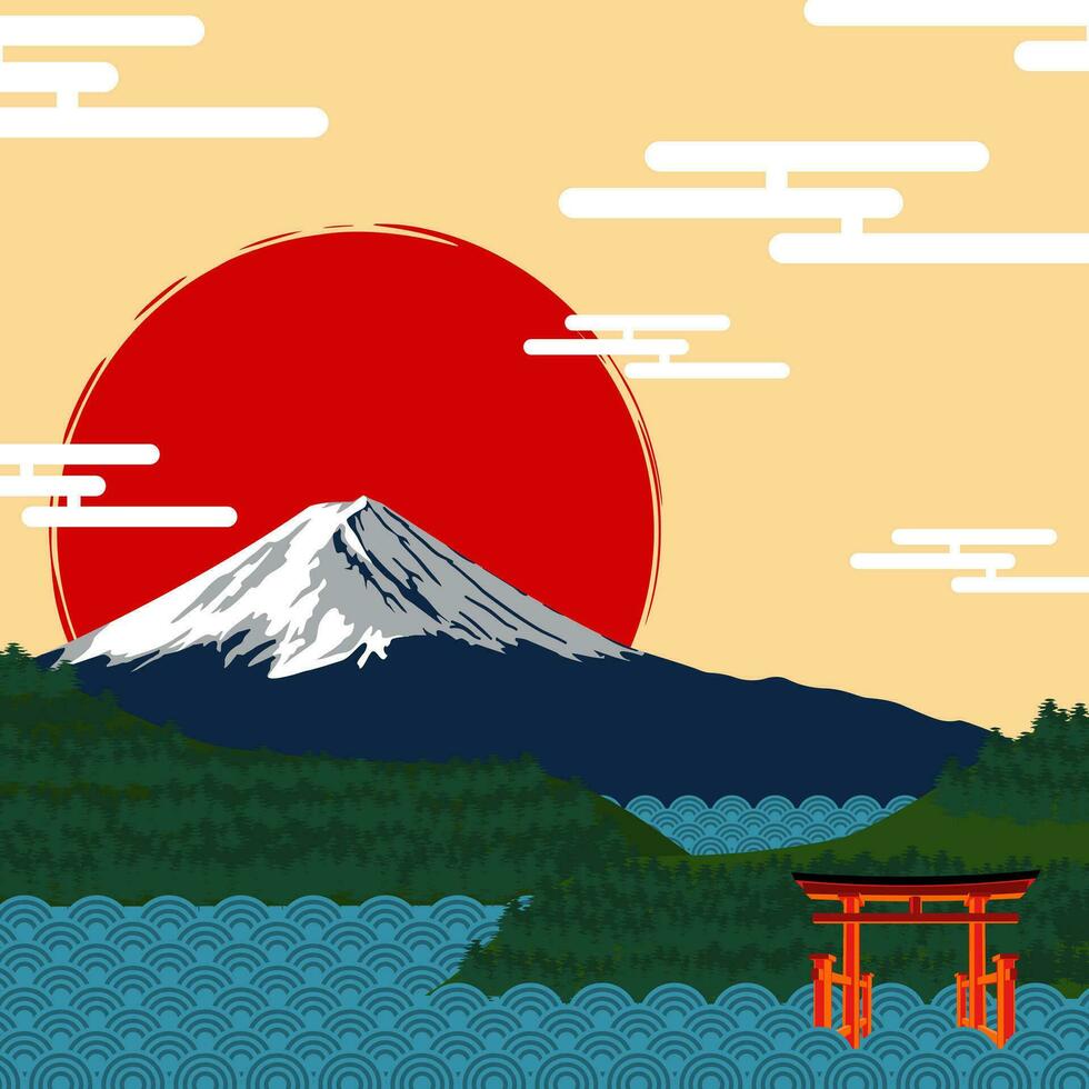 a montanha Fuji dentro lago com pôr do sol vetor