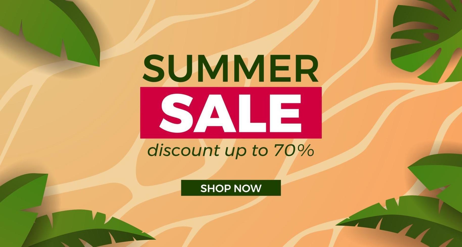 promoção de banner de oferta de venda de verão com ilustração de praia de areia com moldura de folhas tropicais vetor
