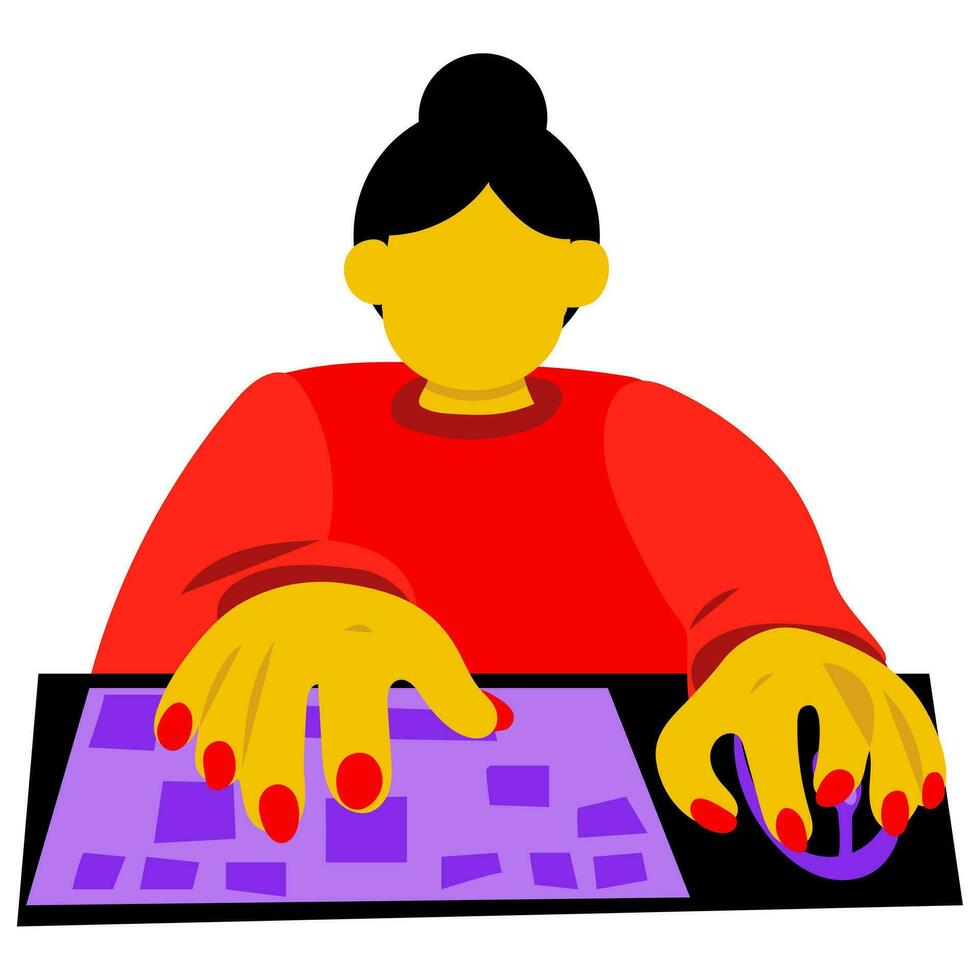 a menina é sentado e digitando em a teclado a partir de a computador. isto trabalho com a Socorro do uma computador. a menina trabalho sentado às dela escrivaninha usando uma teclado e rato. a menina é sentado, trabalhando vetor