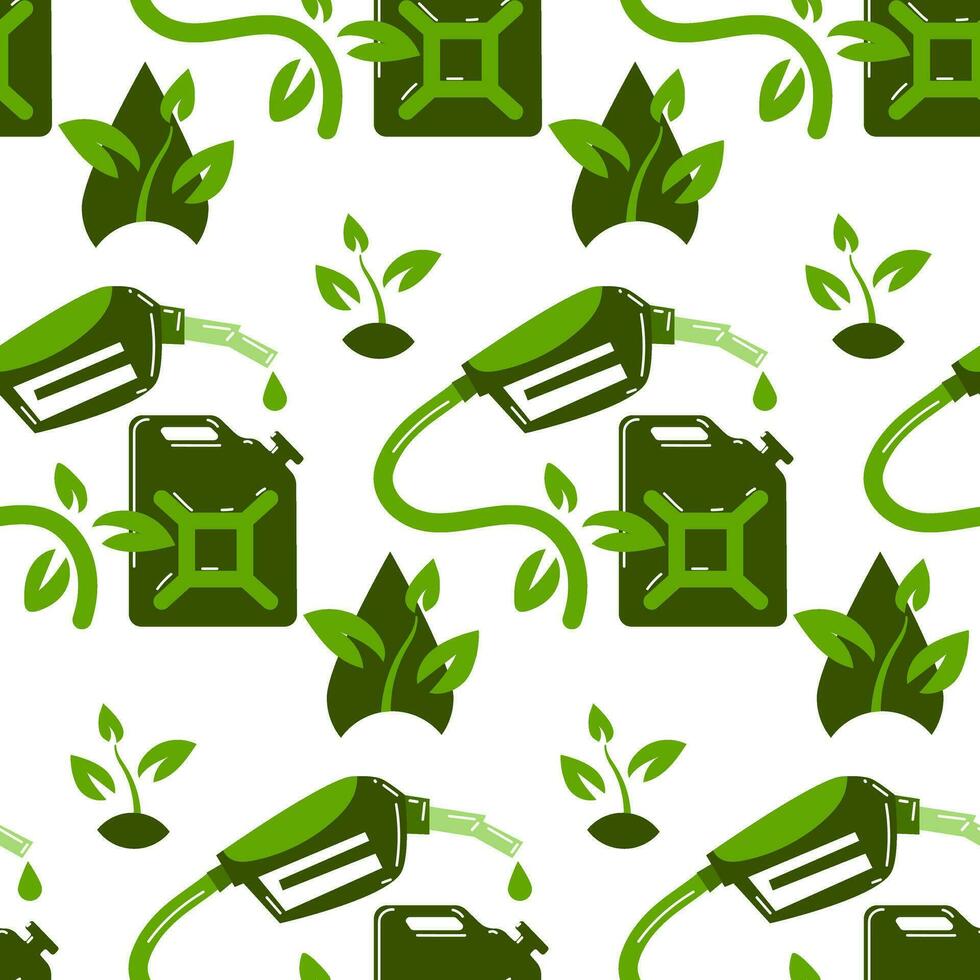 desatado fundo em a tema do biodiesel, combustível dentro verde cores. distribuidor pistola, plantas, derrubar, vasilha. plano vetor ilustração. a padronizar do a símbolo do ecológico reabastecimento