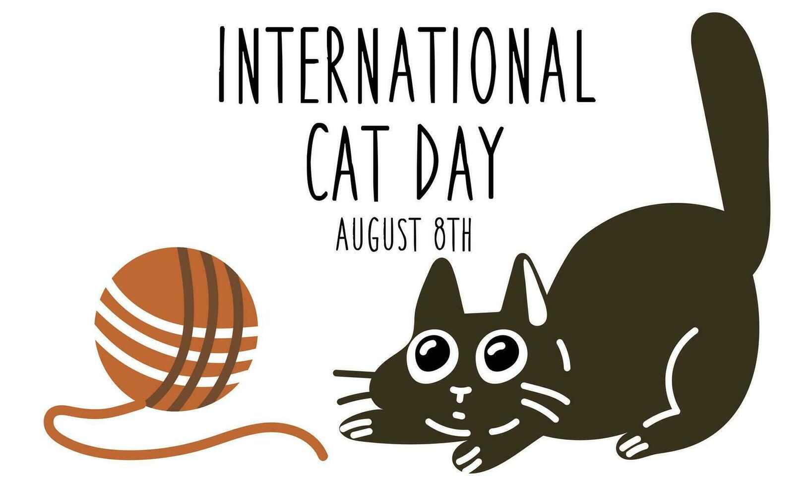 internacional gato dia em agosto 8. abstrato carismático engraçado gato mentiras e tocam com uma bola. uma cartão postal, uma bandeira, uma folheto para uma feriado dentro a plano estilo. poster do a dia do gatos, animais de estimação. vetor