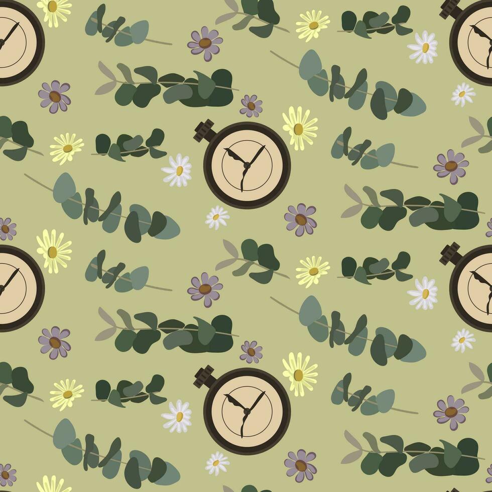 uma padronizar com vintage relógios e seco flores em uma verde fundo. retro padronizar com vintage técnica e margaridas. textura para usar dentro impressão vetor