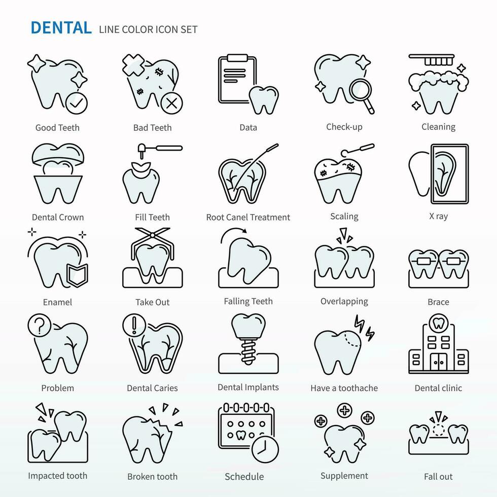 dental ícone conjunto - cor linha ícones. mesmo Como Verifica acima, limpeza, dental coroa, preencher dentes, raiz canel tratamento, escala, x raio, levar fora, queda dentes, sobreposto, braçadeira, etc. vetor