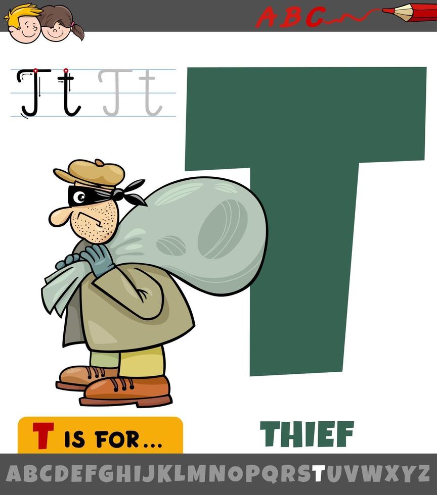 letra t do alfabeto com personagem de desenho animado ladrão vetor