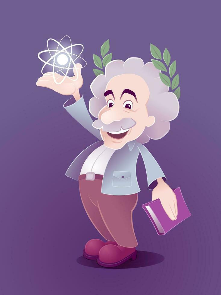 desenho animado de cientista descoberta. Albert einstein retratado dentro uma desenho animado estilo, carregando uma luminoso símbolo do a átomo acima a Palma do dele mão - setembro 2017. vetor