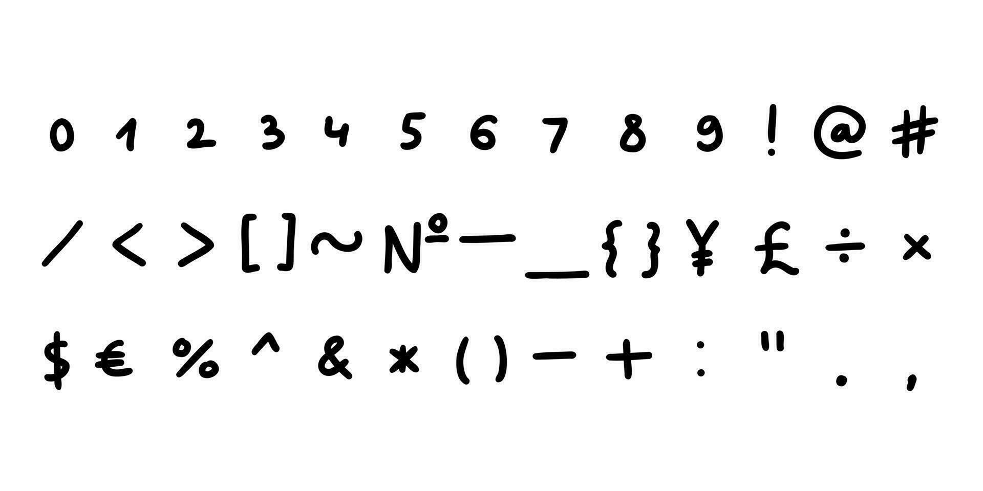 escrito a mão Preto especial matemático e de outros símbolos e sinais Fonte 0 0 para 9. vetor ilustração dentro mão desenhado desenho animado rabisco estilo isolado em branco fundo. para aprendizado, vendas, logotipo.