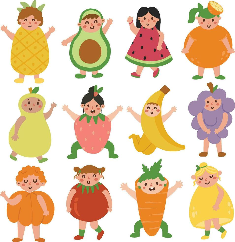 conjunto coleção fofa desenho animado crianças fruta traje ilustração vetor