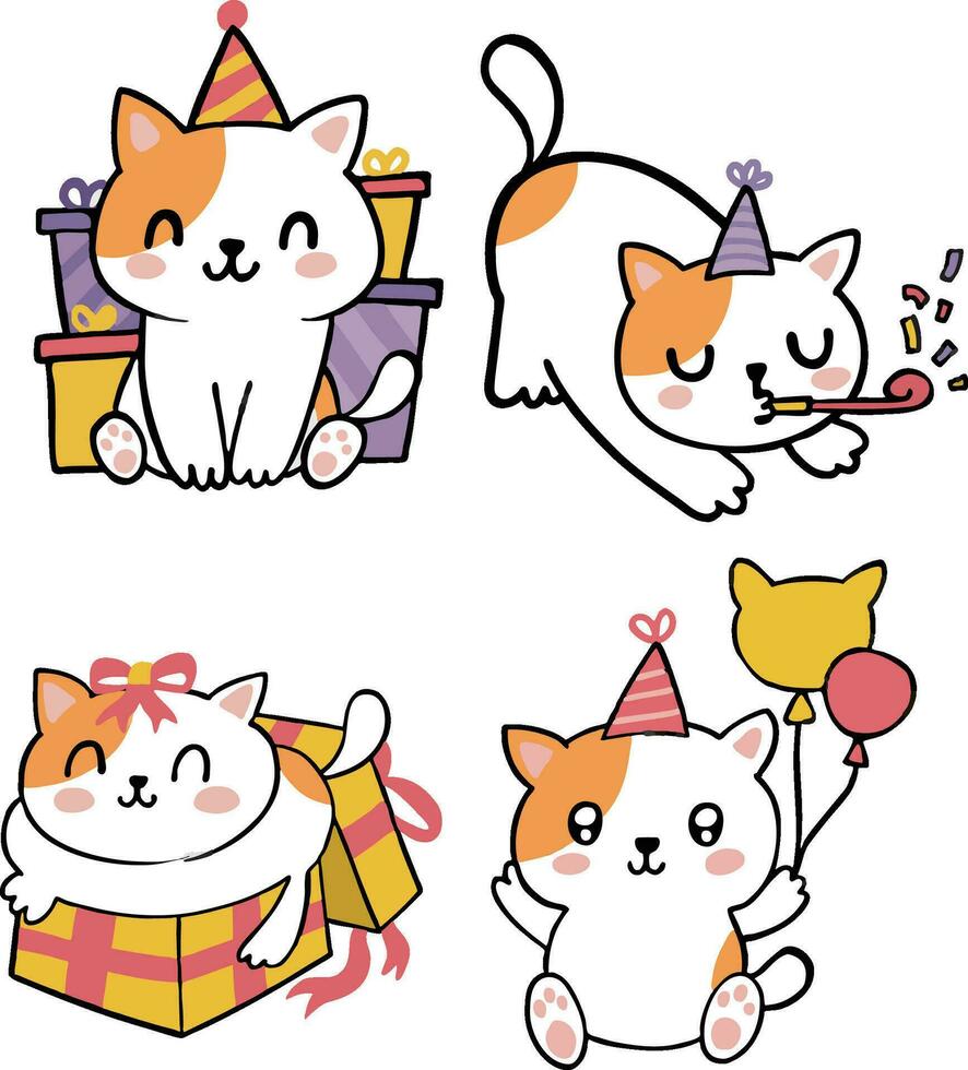 conjunto coleção fofa desenho animado aniversário gato personagem ilustração vetor