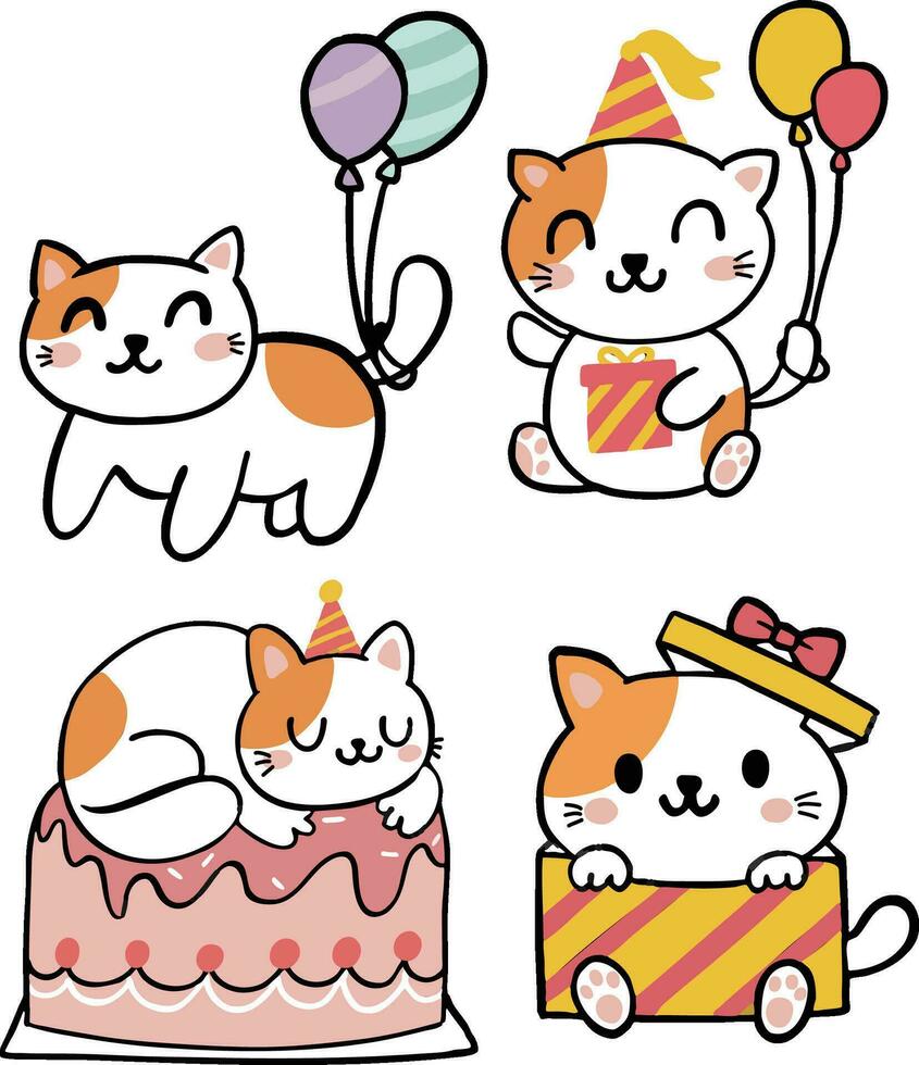 conjunto coleção fofa desenho animado aniversário gato personagem ilustração vetor