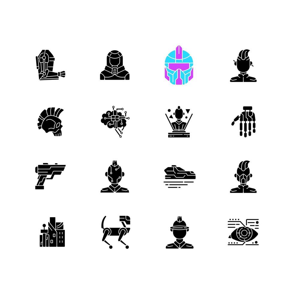 ícones de glifo preto cyberpunk definidos no espaço em branco vetor