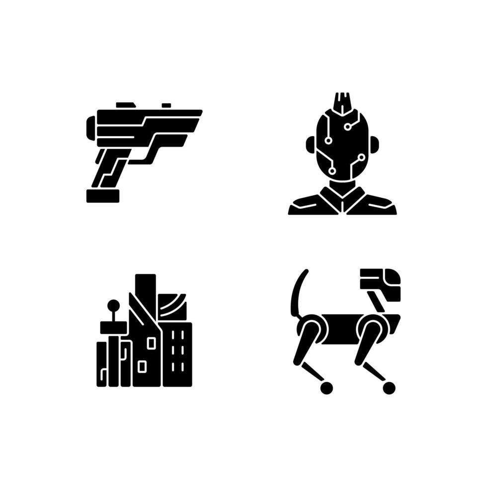 itens cyberpunk ícones de glifo preto definidos no espaço em branco vetor
