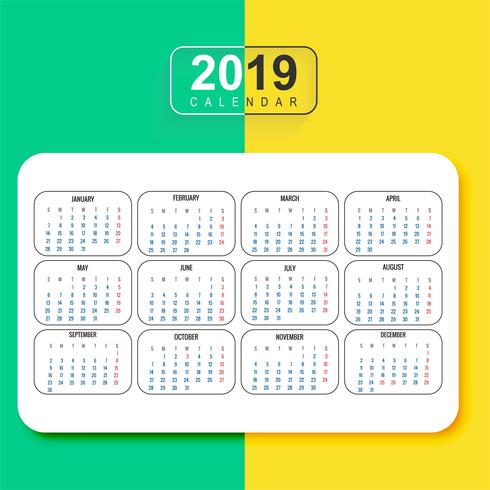 Vetor de modelo de calendário colorido moderno 2019