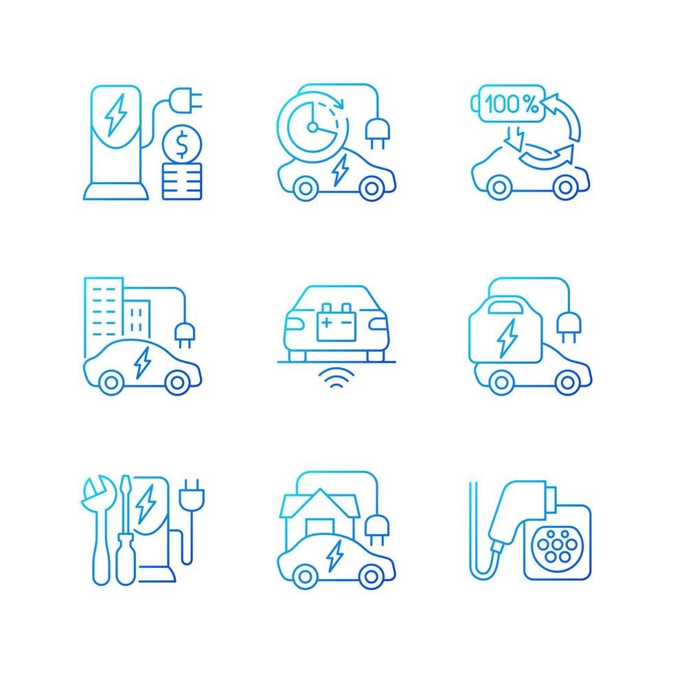 conjunto de ícones de vetor linear gradiente de carregamento de veículo elétrico