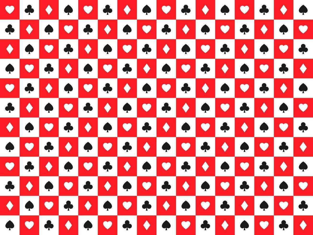 fundo de pôquer de vetor abstrato sem costura com cartas de jogar sinais símbolos brancos e pretos em quadrados brancos e vermelhos.